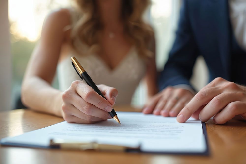 Couple signing legal documents with pen on table, symbolizing commitment and agreement, close-up shot.