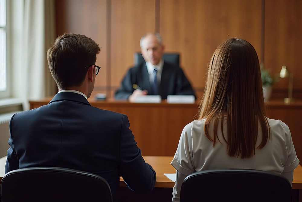 Two people facing a judge in a courtroom setting, engaging in a legal proceeding.