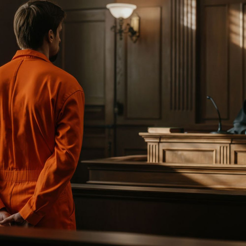 Man in orange jumpsuit stands before judge in courtroom, dimly lit with wood paneling and traditional decor.