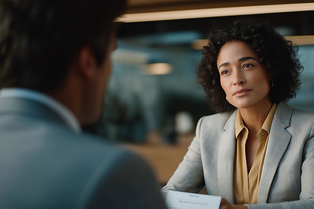 Woman in business meeting, attentively listening to colleague. Professional setting, focus on communication and engagement.