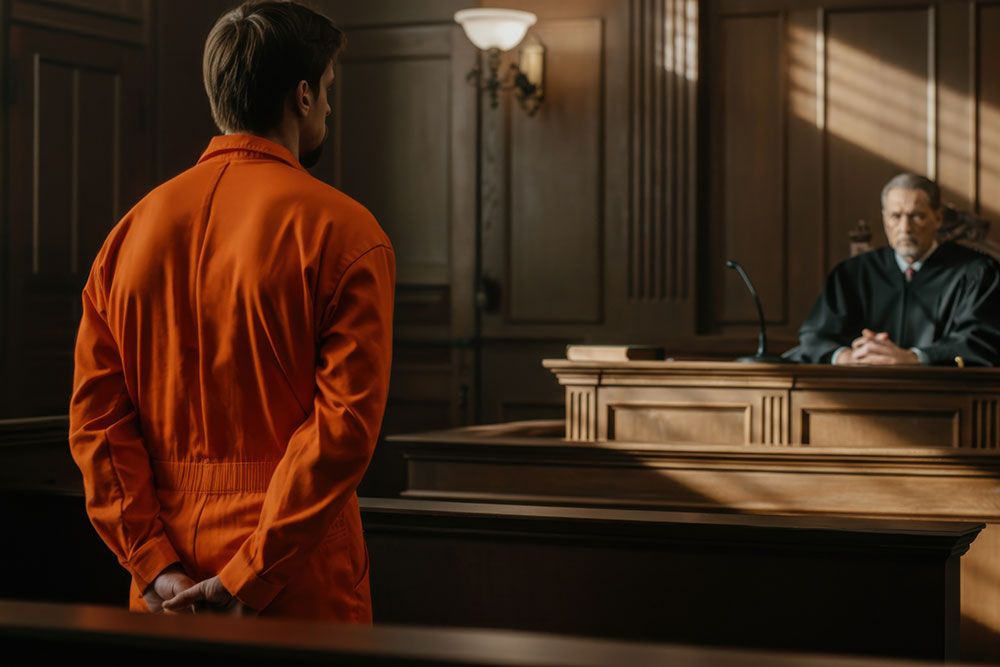 Man in orange jumpsuit stands before judge in courtroom, dimly lit with wood paneling and traditional decor.