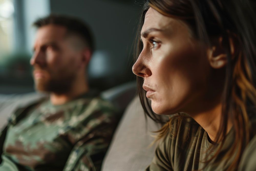 Close-up profile of a woman on a sofa, with a man in camouflage blurred in the background.