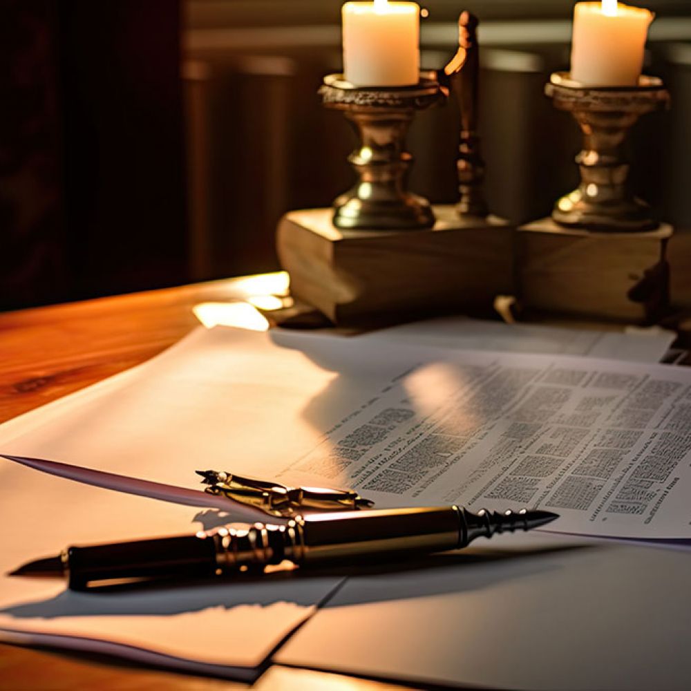 Vintage desk setting with documents, antique pen, and glowing candles, creating an elegant, scholarly atmosphere.