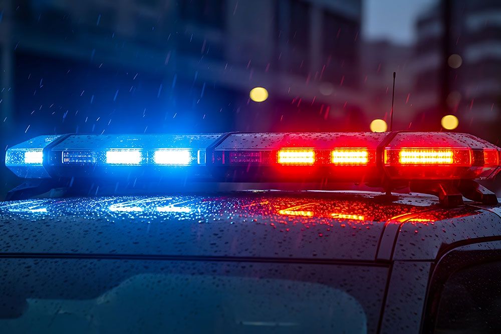 Police car with flashing red and blue lights in the rain, creating an emergency scene atmosphere at night.