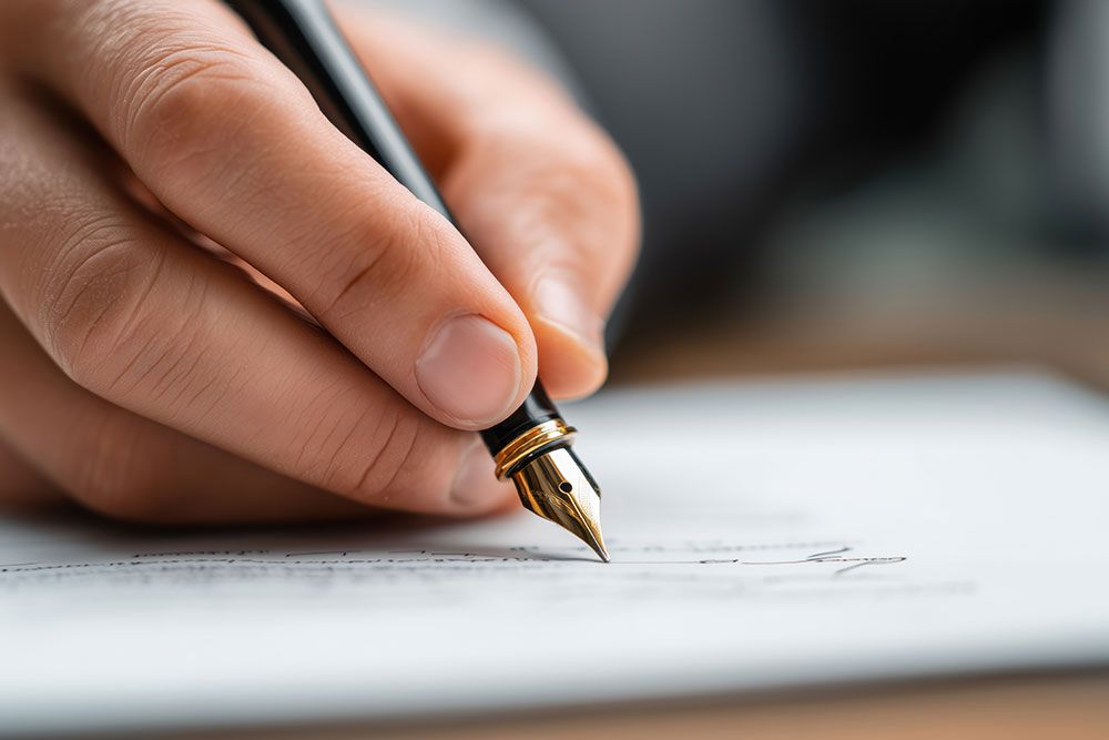 Handwriting with elegant fountain pen on paper, emphasizing writing and signature details.