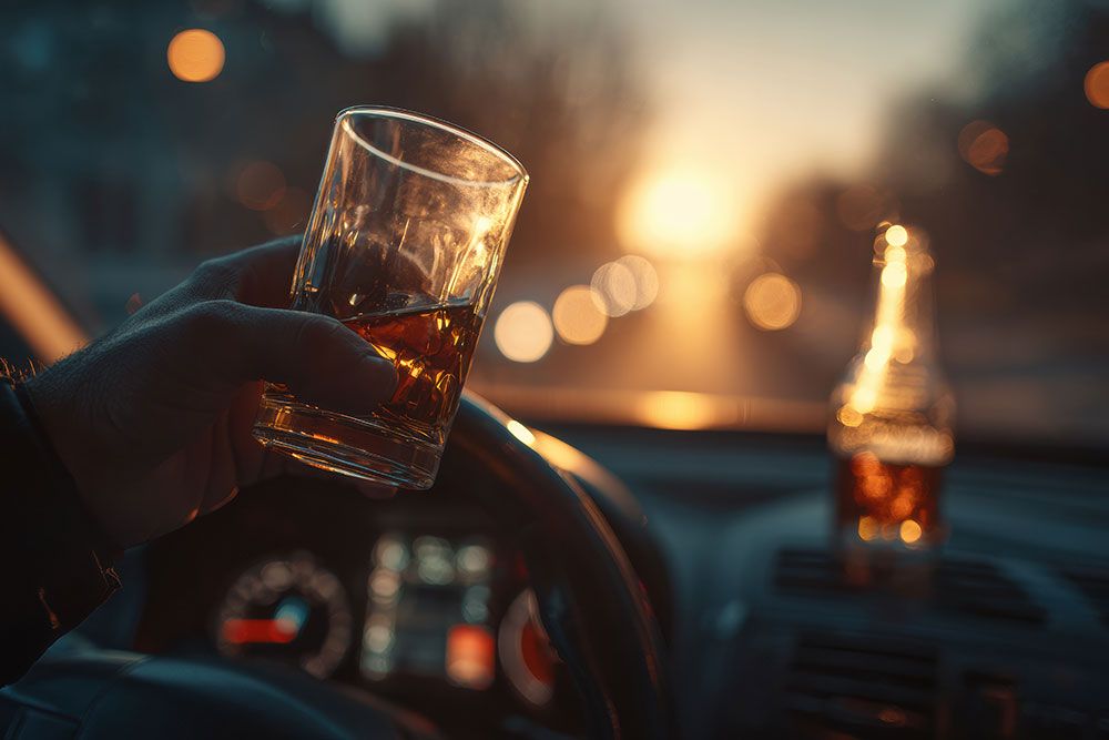 Person holding a drink while driving at sunset, highlighting the dangers of drinking and driving.