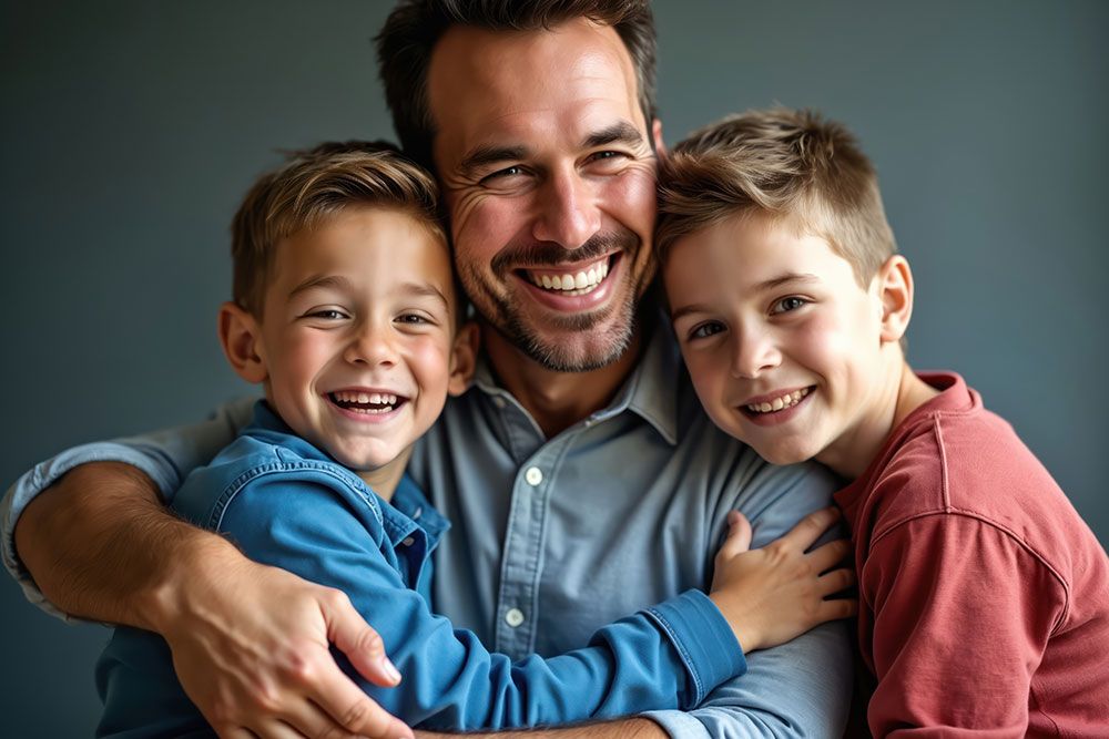 Father and two sons smiling and hugging, capturing a joyful family moment.