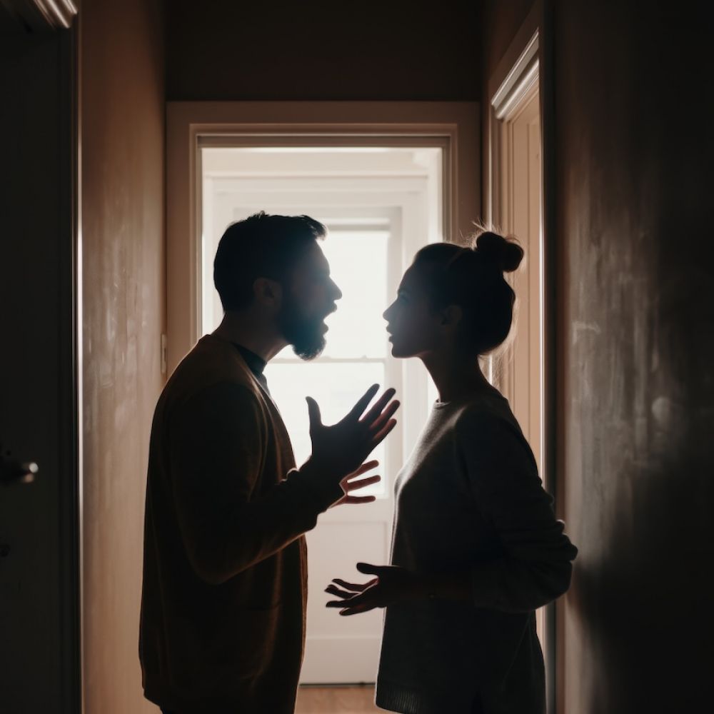 Silhouette of a couple arguing in a dimly lit hallway, illustrating conflict and communication issues.
