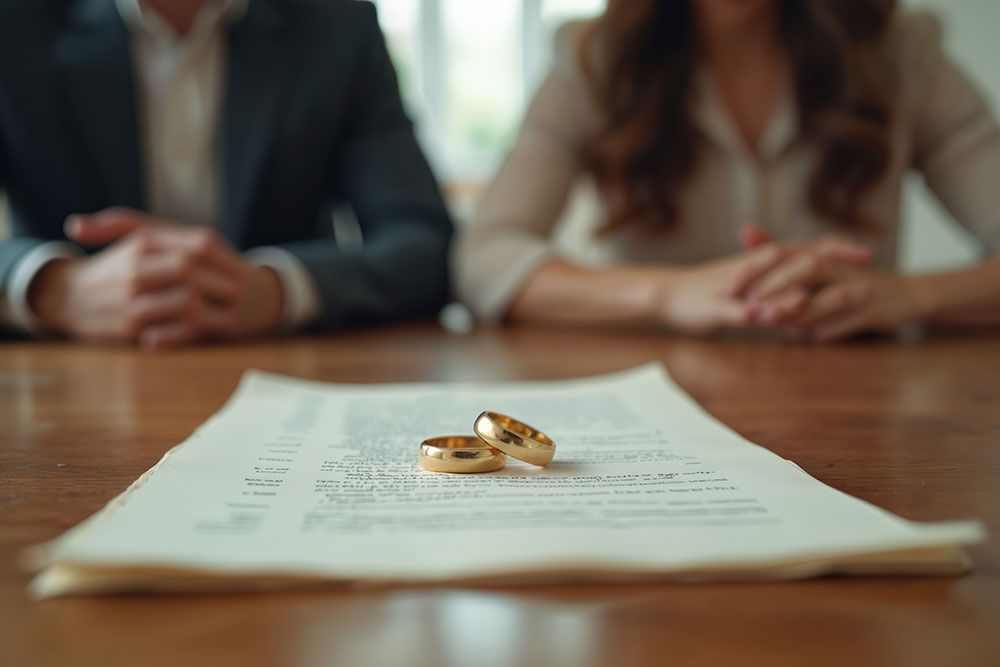 Two people sit at a table with wedding rings on a divorce document, symbolizing separation and legal proceedings.