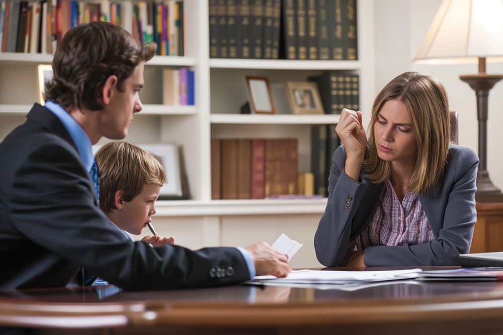 Lawyers discussing legal documents in office meeting.