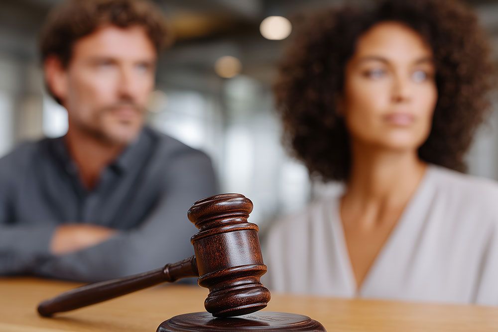 Gavel in focus with blurred couple in background, symbolizing legal decision or court proceeding.