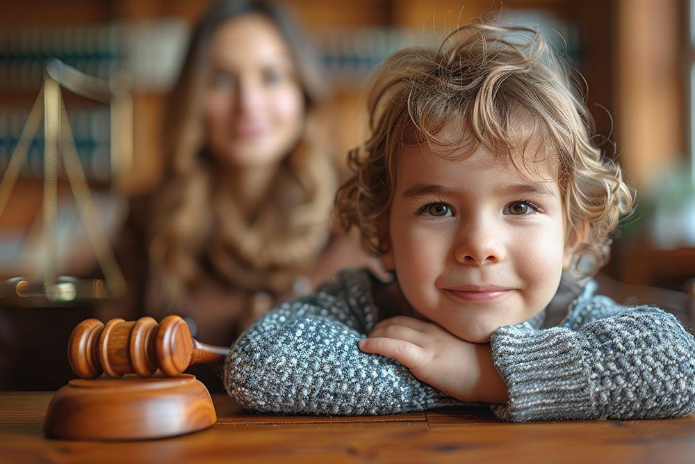 Child smiling beside gavel in courtroom with blurred parent in background, depicting family law setting.