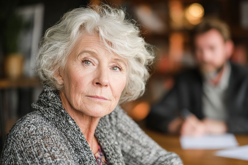 Elderly woman with white hair looking thoughtfully, seated in a cozy room with a blurred man in the background.