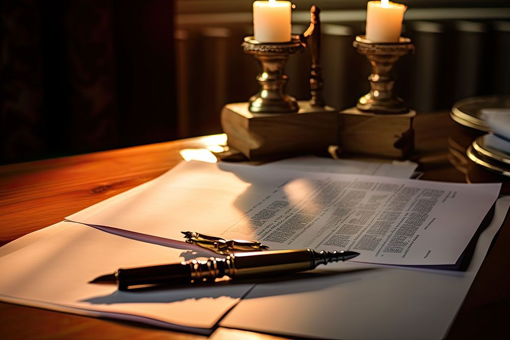 Vintage desk setting with documents, antique pen, and glowing candles, creating an elegant, scholarly atmosphere.