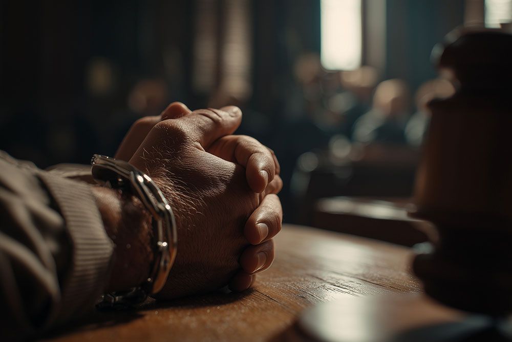Hands cuffed on a courtroom table, symbolizing legal justice and courtroom drama.