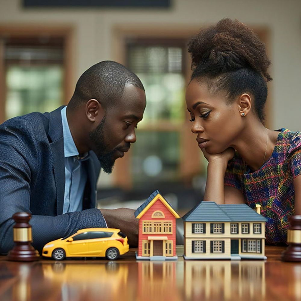 Man and woman discussing legal settlements with model car and houses in foreground.