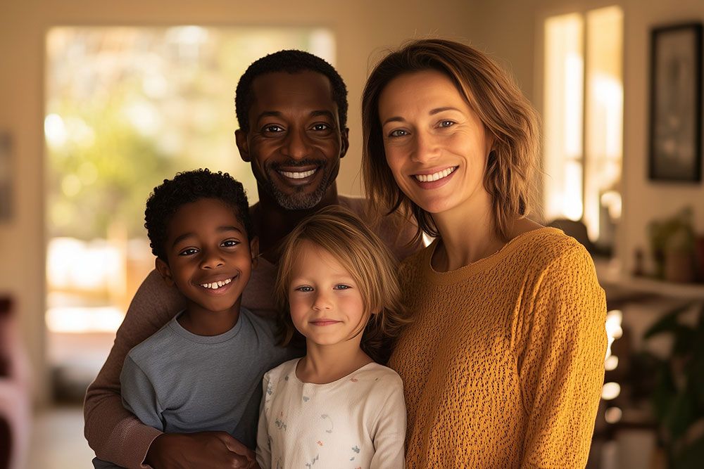 Smiling family of four posing together in a warmly lit living room, embracing and enjoying a joyful moment.