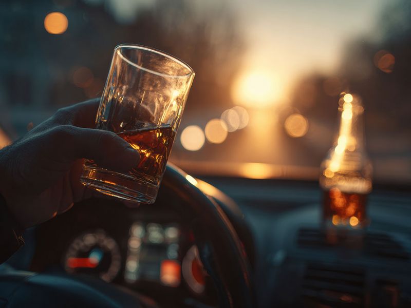 Person holding a drink while driving at sunset, highlighting the dangers of drinking and driving.