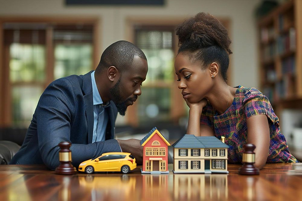 Man and woman discussing legal settlements with model car and houses in foreground.