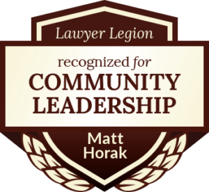 Award badge for community leadership recognition by Lawyer Legion for Matt Horak.